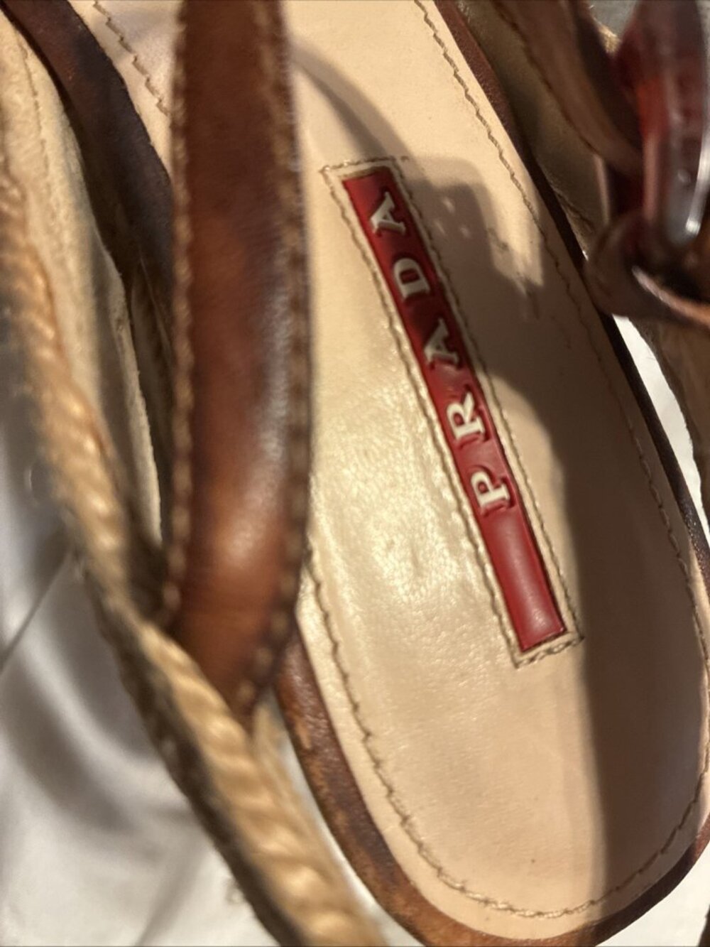 Prada Authentic Brown Leather Wedge Heel Espadrilles Sandals 6 - Picture 7 of 9